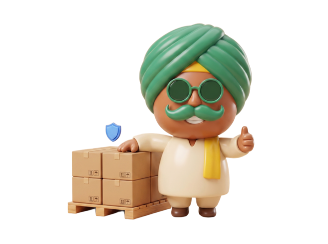 Mascot beside a pallet of export cartons