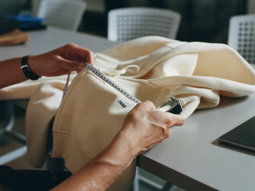 Inspector measuring a hoodie against spec